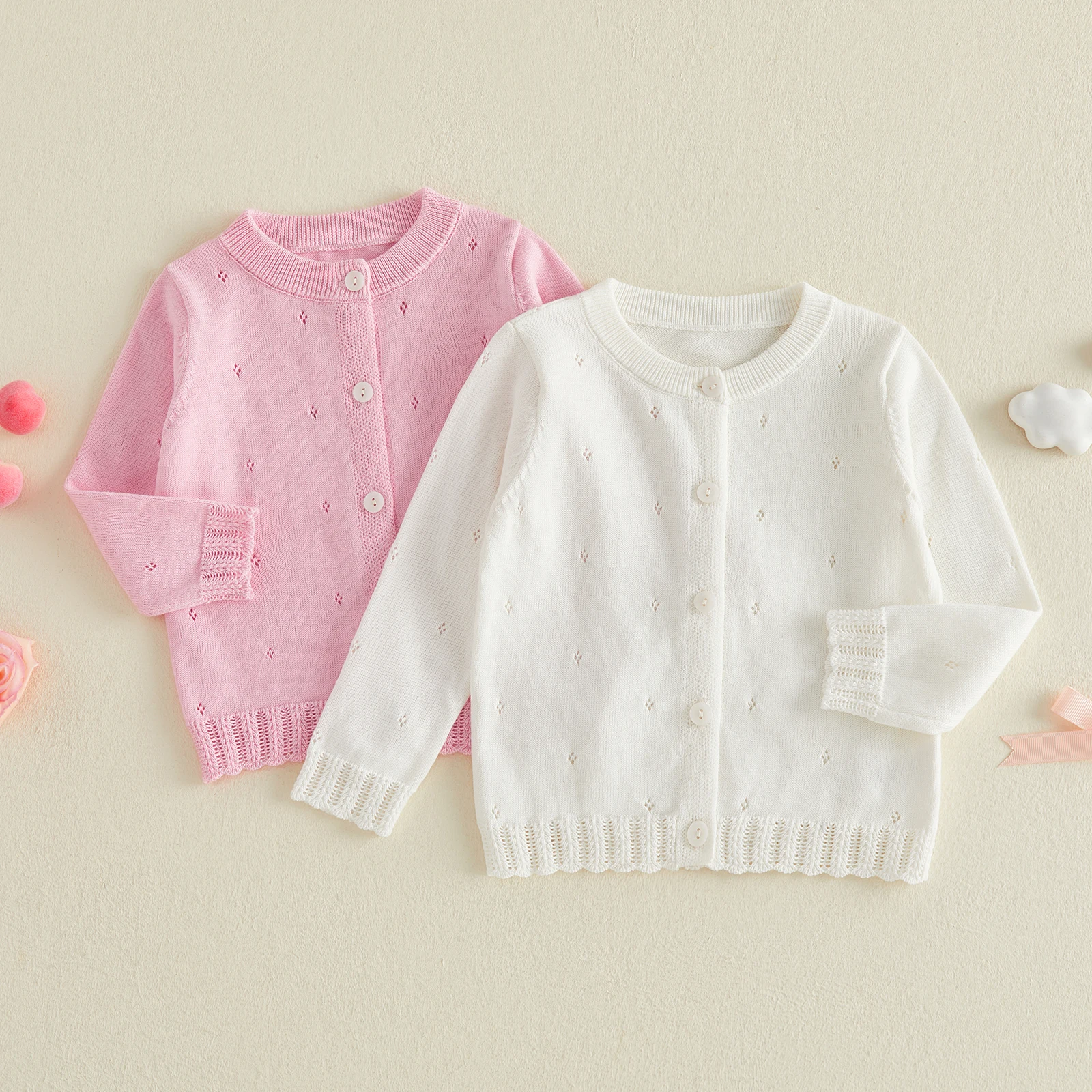 Baby Girls Fall Knitted Sweaters Long Sleeve Button Closure Hollowed Solid Warm Knit Cardigan Sweaters Tops for Casual Daily