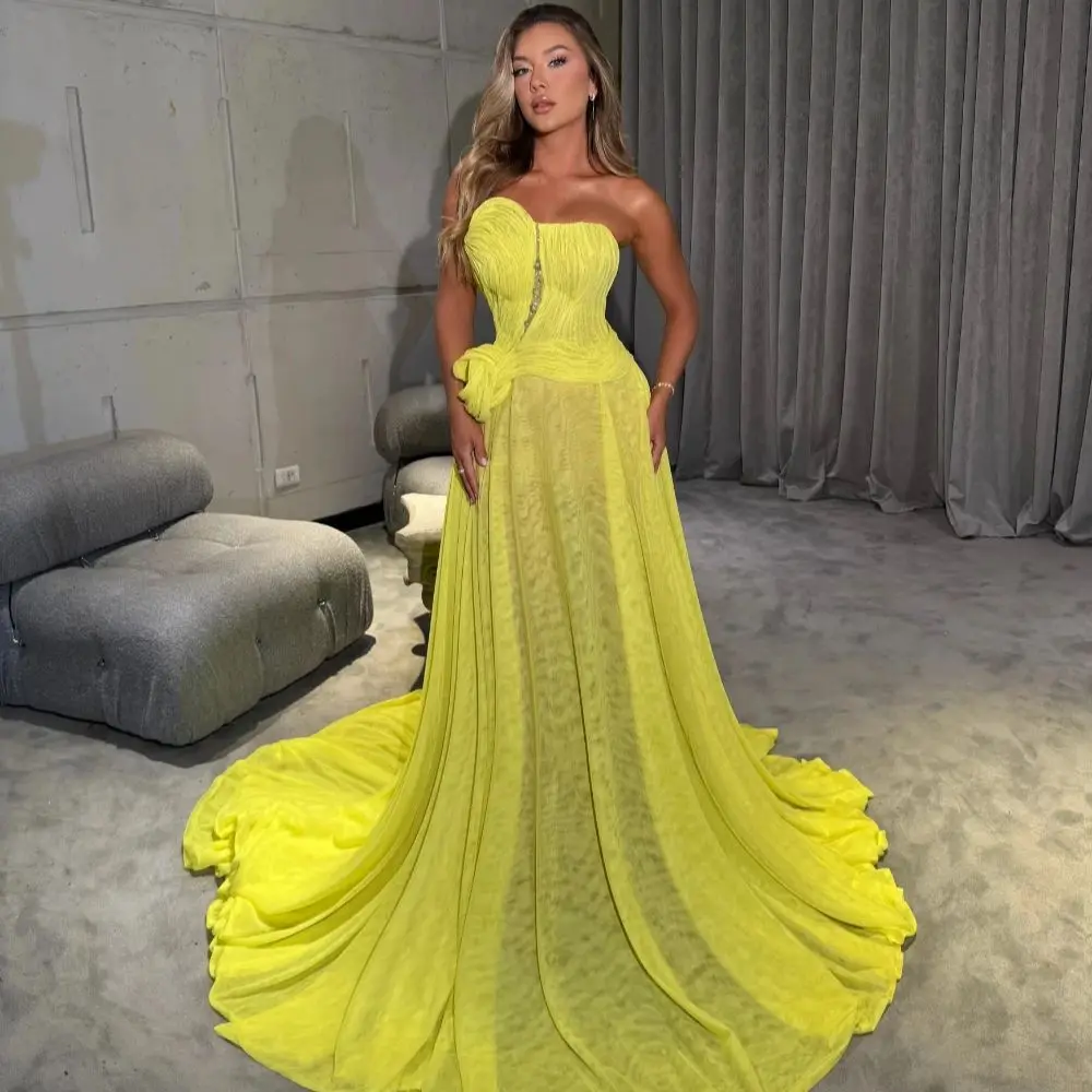 

Неоново-желтые вечерние платья А-силуэта с драпировкой, без рукавов, с вырезом в форме сердца, длиной в пол, на заказ, для особых случаев