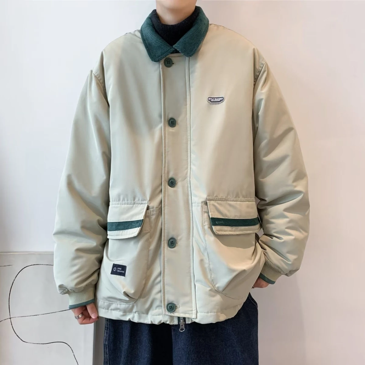 

Loose Casual Cotton Jaet for Men And Women Winter Faion Brand Color Colion Collar Workwear Outerwear Polyester Fiber