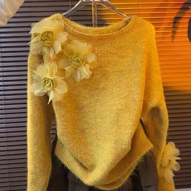 

Autumn Winter New Design Coat Knitted Sweater Loose Jacquard Ruffle Pullover Women Floral Print Short Tops Vintage Jumper Chic