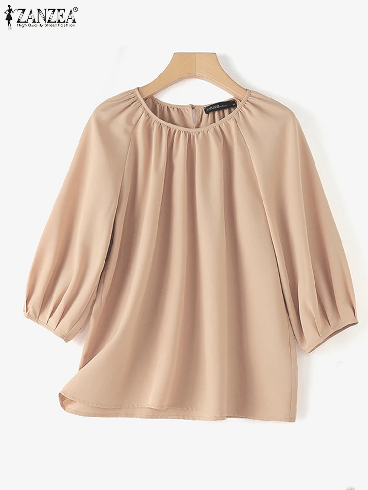 ZANZEA Elegant Lantern 3/4 Sleeve Blouse Vintage Women Satin Tops Tunic 2024 Summer Round Neck Blusas Korean Solid Pleated Shirt