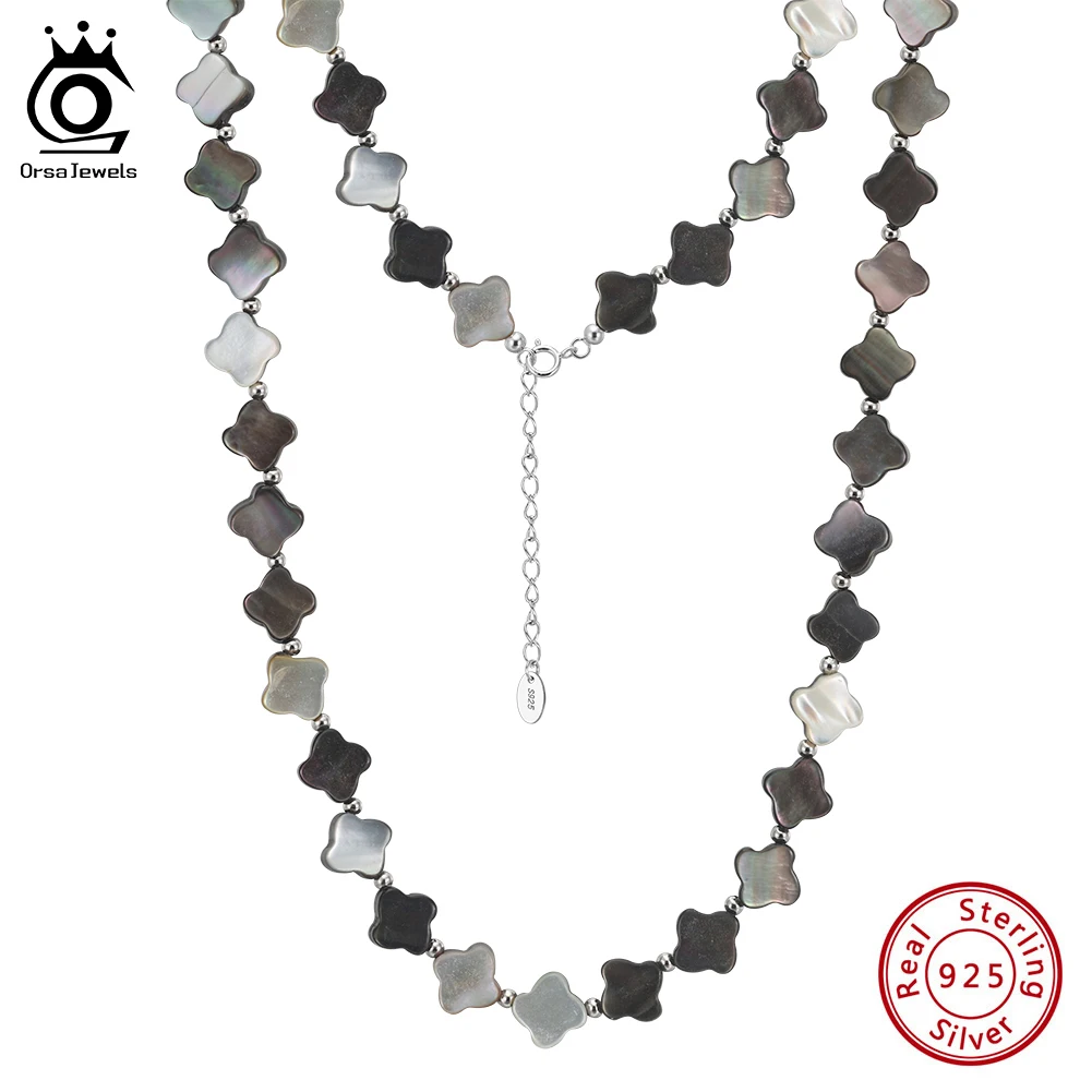 

ORSA JEWELS Fashion Black White Flower Shape Choker Necklace Lucky 925 Silver for Women Shell Chain Choker Party Gifts PSN12