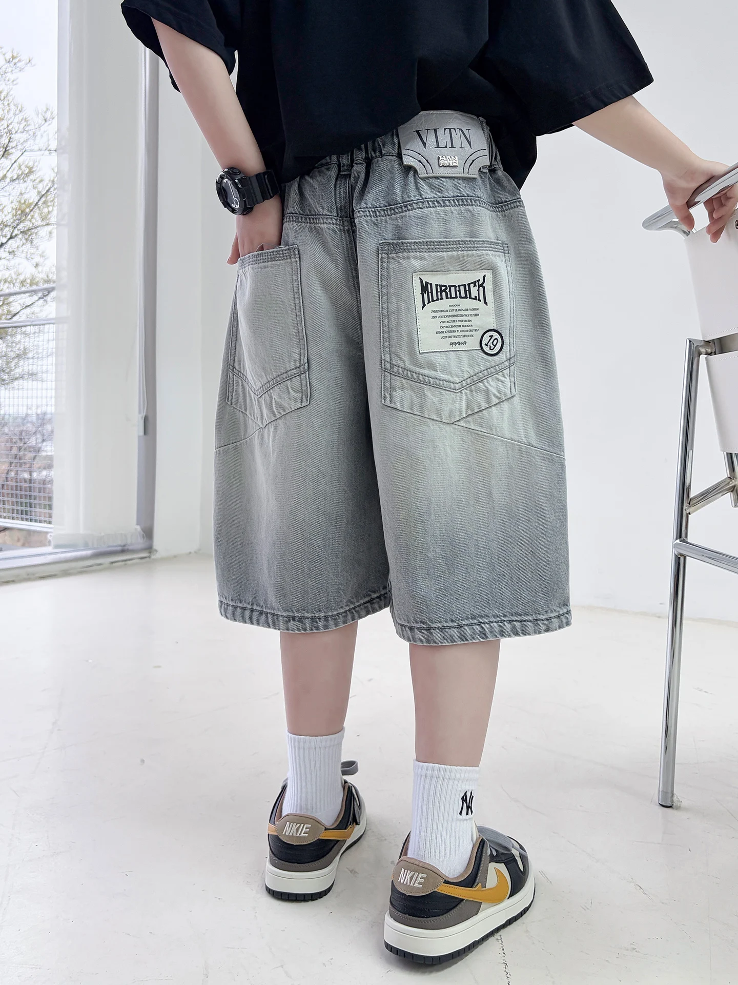 男の子用サマーデニムショートパンツ-五分丈-薄手素材-子供服-韓国風-プリント柄-ルーズフィット-ウエストゴム