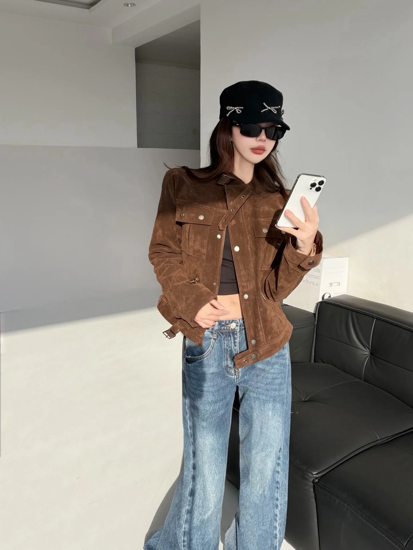 حار فتاة Sle الأمريكية الرجعية الجلد المدبوغ ort Jaet المرأة oulder طول السائق معطف زر إغلاق ort ملابس العمل الجلود J...