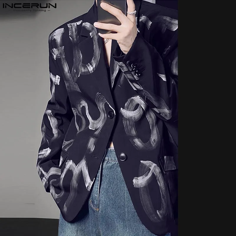 INCERUN Long Sleeve Loose Simple Open Up Jackets Men Artistic Hand-Drawn Letter Design Blazer Casual Lapel Collar Printing Suits