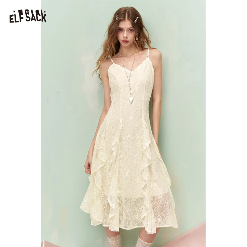 ELFSACK White Lace Spaghetti Strap Dress Spring Summer 2026, Women's Boho Ruffle Layered Dress Casual Beach Party Wear