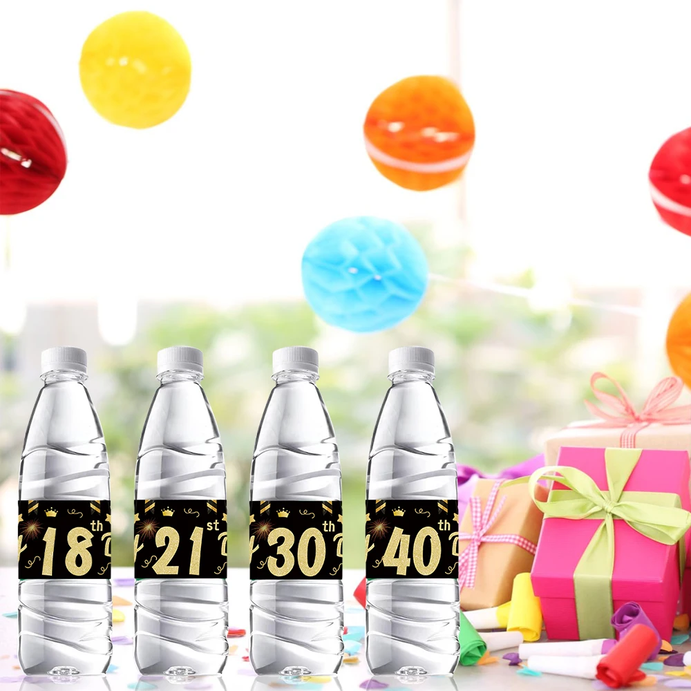24Pcs Black Gold Birthday Bottle Sticker Happy 18 21 30 40 50 60 Years Old Birthday Party Decor Adult Birthday Party Supplies