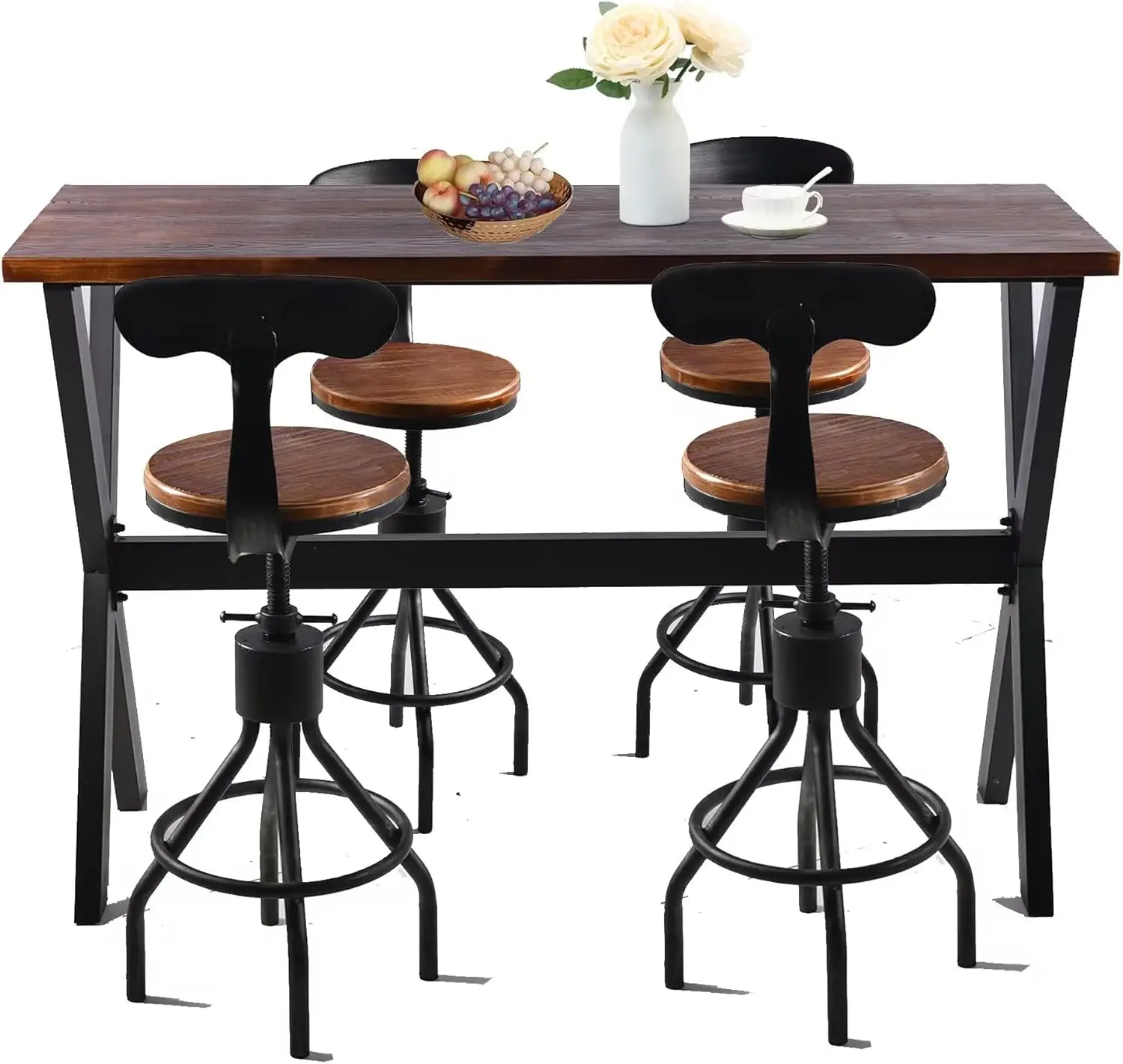 5-Piece Table & Chairs Set For Home Bar Dining Cafe Pub Party Bistro, Industrial-Style Furniture Set, X-Leg Rectangular Table &