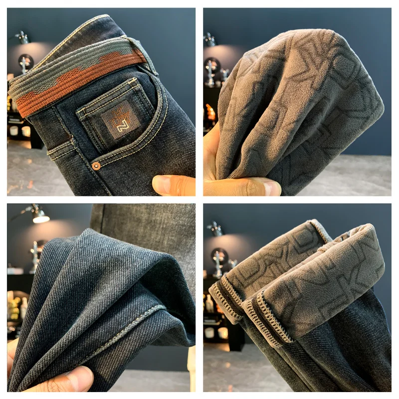 Modne jeansy męskie z nadrukiem na zimę 2025, odporne na zimno, z grubym polarem, odzież męska, elastyczne spodnie slim fit.