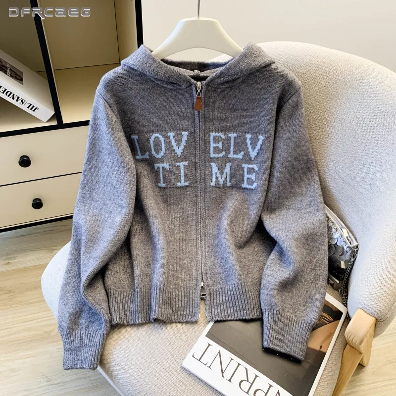 

Осенне-зимнее женское утепленное пальто с капюшоном на молнии с длинными рукавами и буквами в стиле пэчворк, вязаный кардиган, свитер, одежда