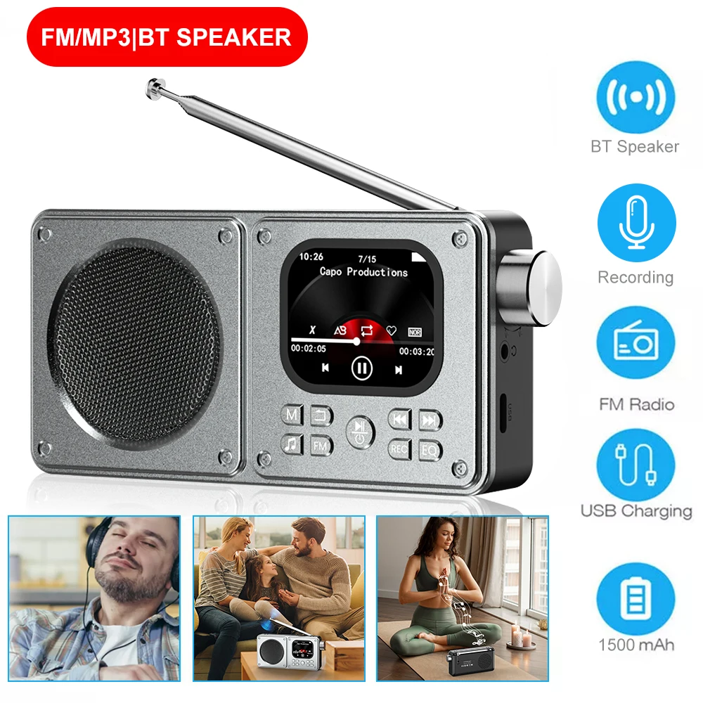 

Многофункциональные портативные FM-радиоприемники Bluetooth-динамик Карманный мини-радиоприемник с ЖК-дисплеем Будильник AUX TF