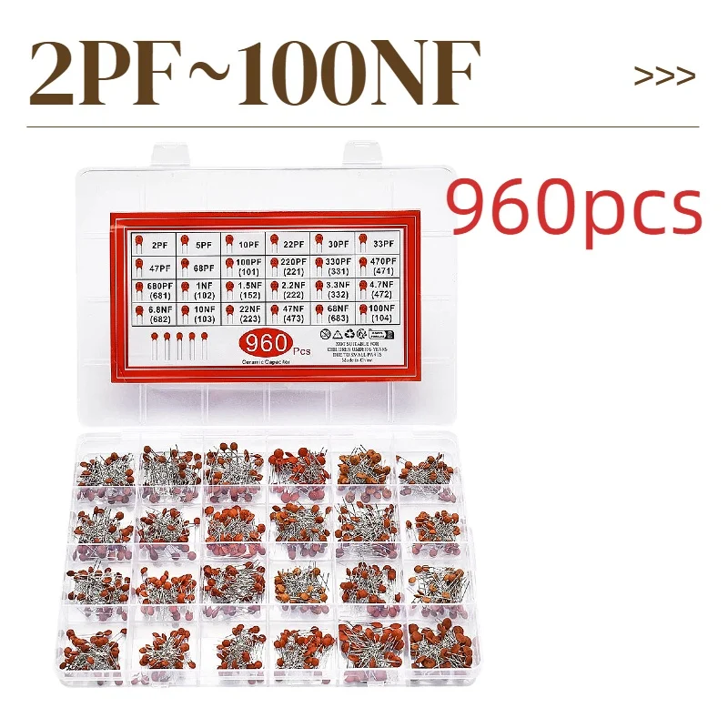 960PCS Ceramic Capacitor Assortment Kit 2pF~100NF Capacitors Sample Kit for DIY Electronics PCB Repair Prototyping