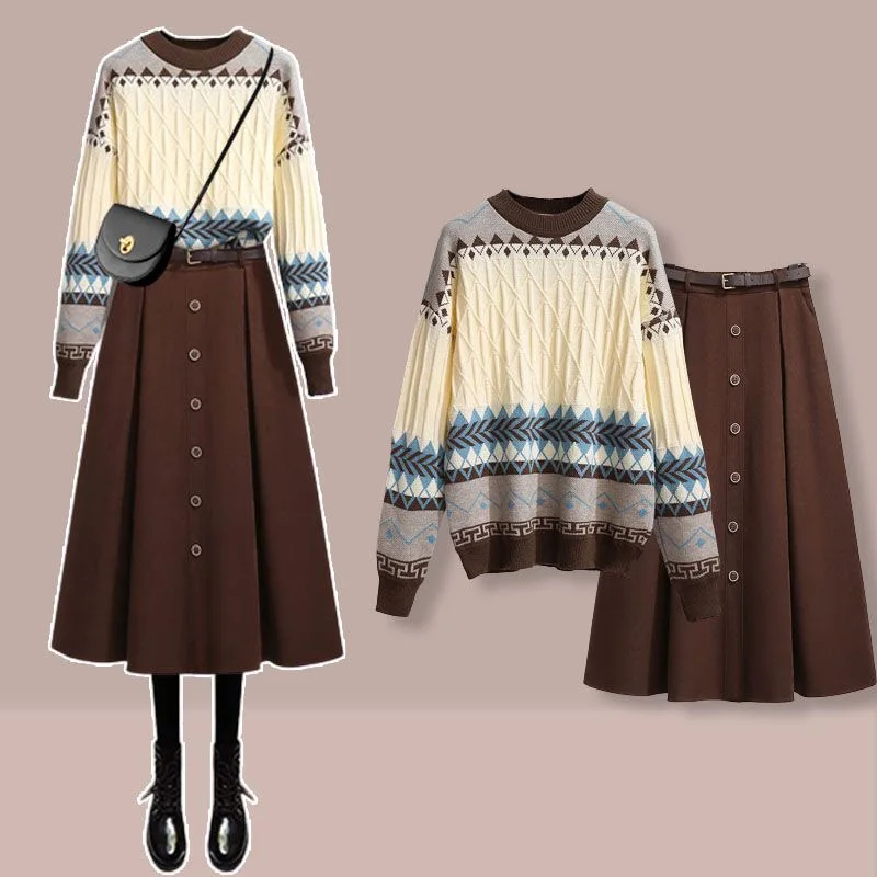 2023 Winter New Vintage Diamond Knitted Sweater Pullover Coffee Half Skirt Two Piece Elegant Women\'s Party Dress Outfits