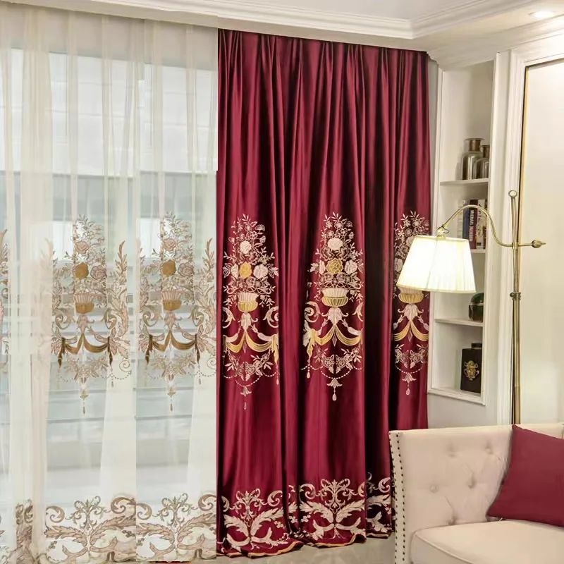 Luxuriöse europäische bestickte Vorhänge für Wohnzimmer, Schlafzimmer, französischer Samt-Vorhangstoff, Villa, Fenster, rote Vorhänge, individuell anpassbar – Detail 3