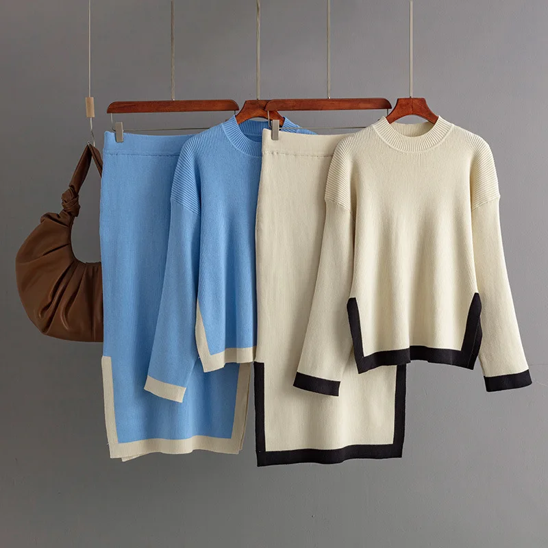 Conjuntos elegantes de dos piezas para mujer, faldas de punto, traje de otoño para mujer, nuevo diseño de moda, suéter con cuello redondo en contraste, Tops, falda dividida