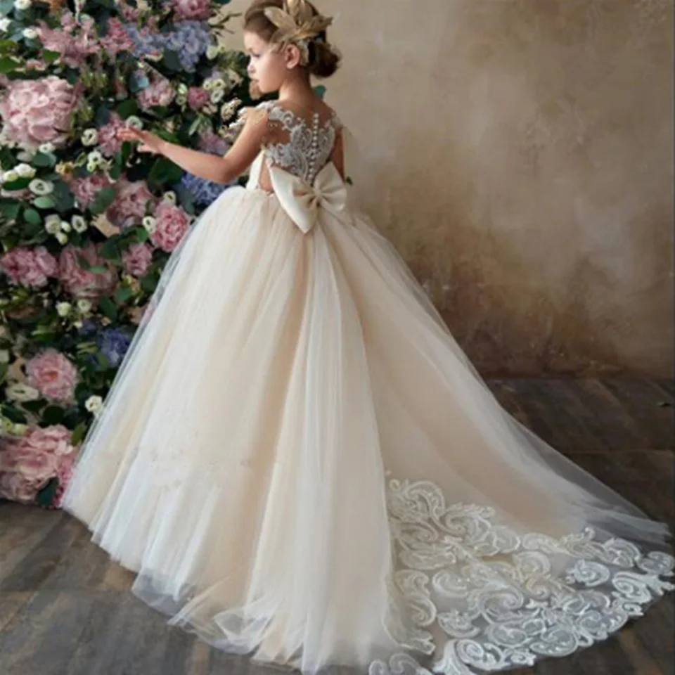 

New Flower Girl Dresses Beading Sash Ball Gowns Lace Appliques Floor Length Princess Elegant Wedding Pageant Dresse