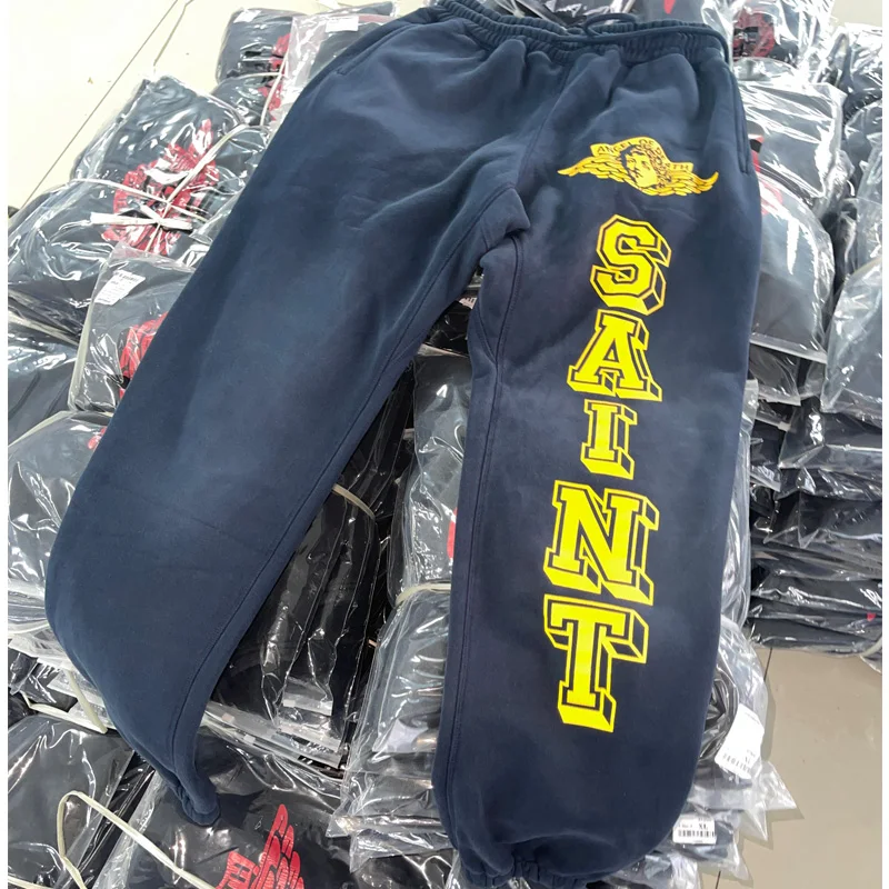 Hip Hop Cracked Graphics Logo Print Saint Sweatpants Men Women Jogger Drawstring Casual Pants Vintage Washed Navy Blue Trousers