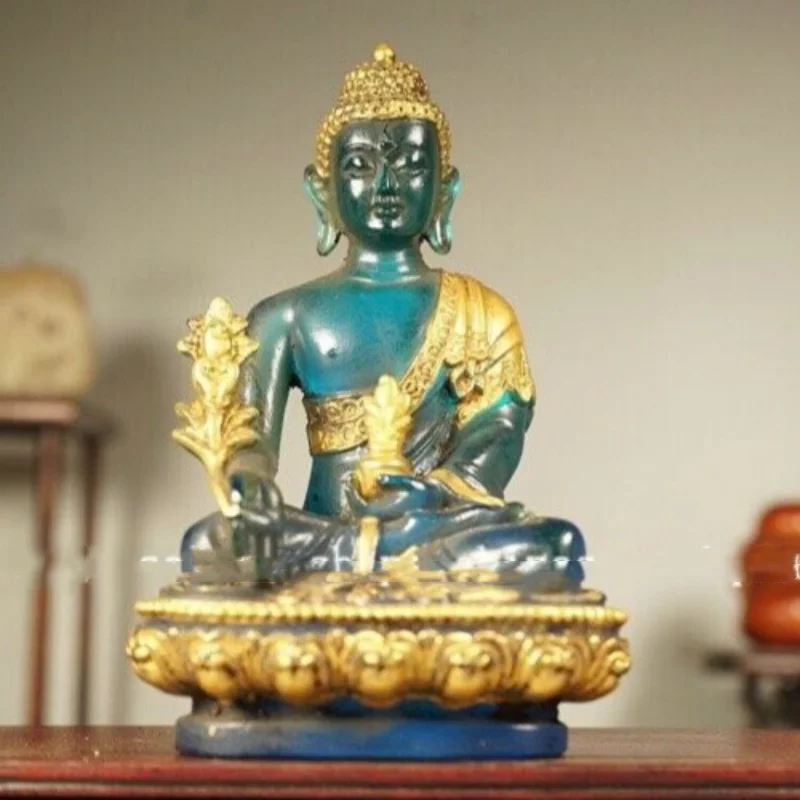 5'' Old Tibet Colored Glaze Gilt Menla Medicine Buddha Medical God Lotus Statue