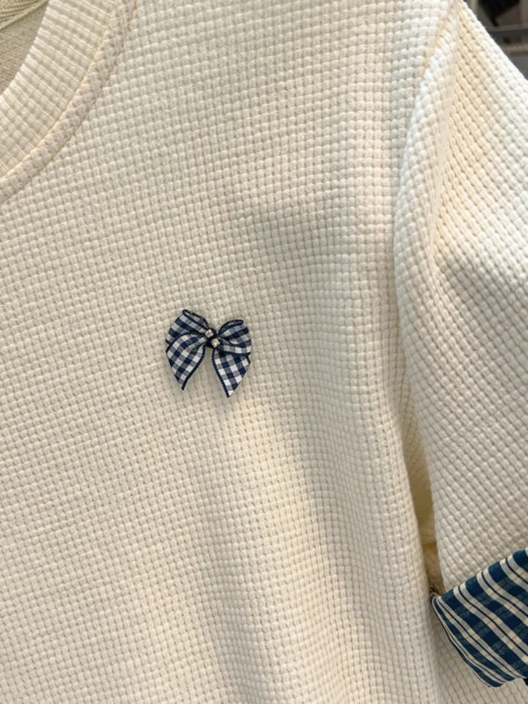 Summer ort Sve T-irt Women's Plaid Patchwork Design Sense oulder Top Korean Sle Loose Fit round Ne Casual irt