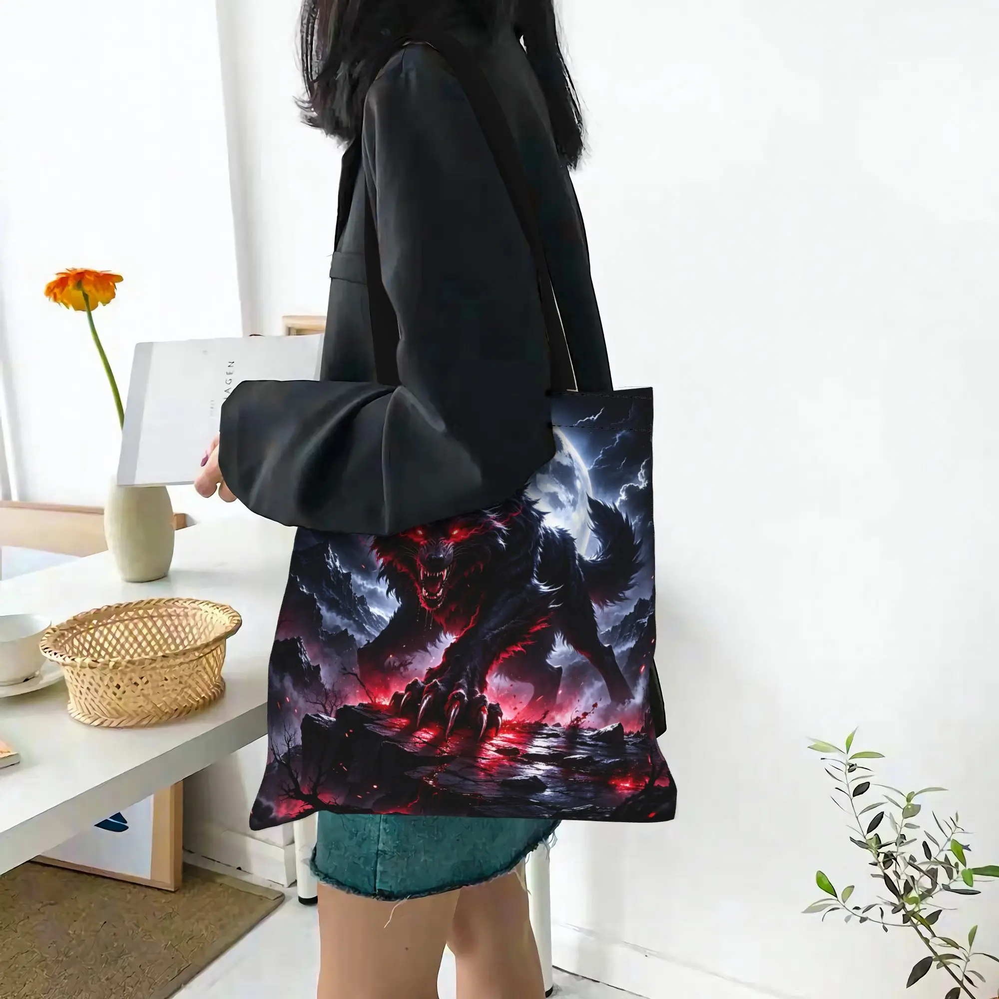 Fashion Women's Bag Cool Wolf Pattern Wolf spirit Shopping Bag  Canvas Tote Bag Women'S Shoulder Handbag Christmas Gift