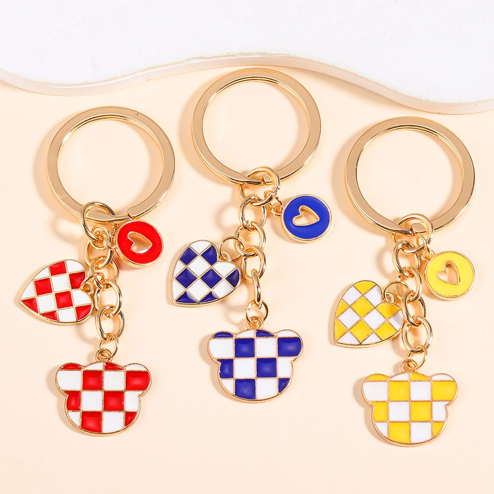 Kpop Alloy Dripping Oil Multicolor Checkerboard Bear Love Keychain For Woman Girl Handbag Car Key Pendants Crafts Party Gifts