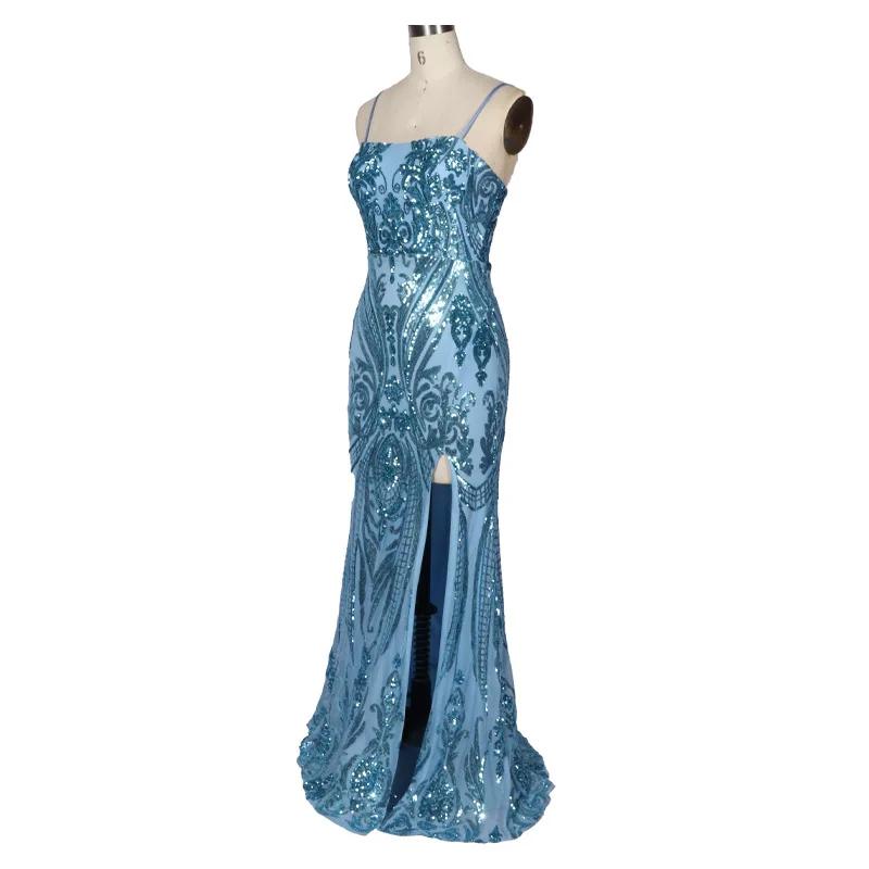 2024 New Sequined Banquet Evening Dress Feminine Temperament Princess Annual Meeting Host Sexy Hanging Neck Fish Tail Long Style