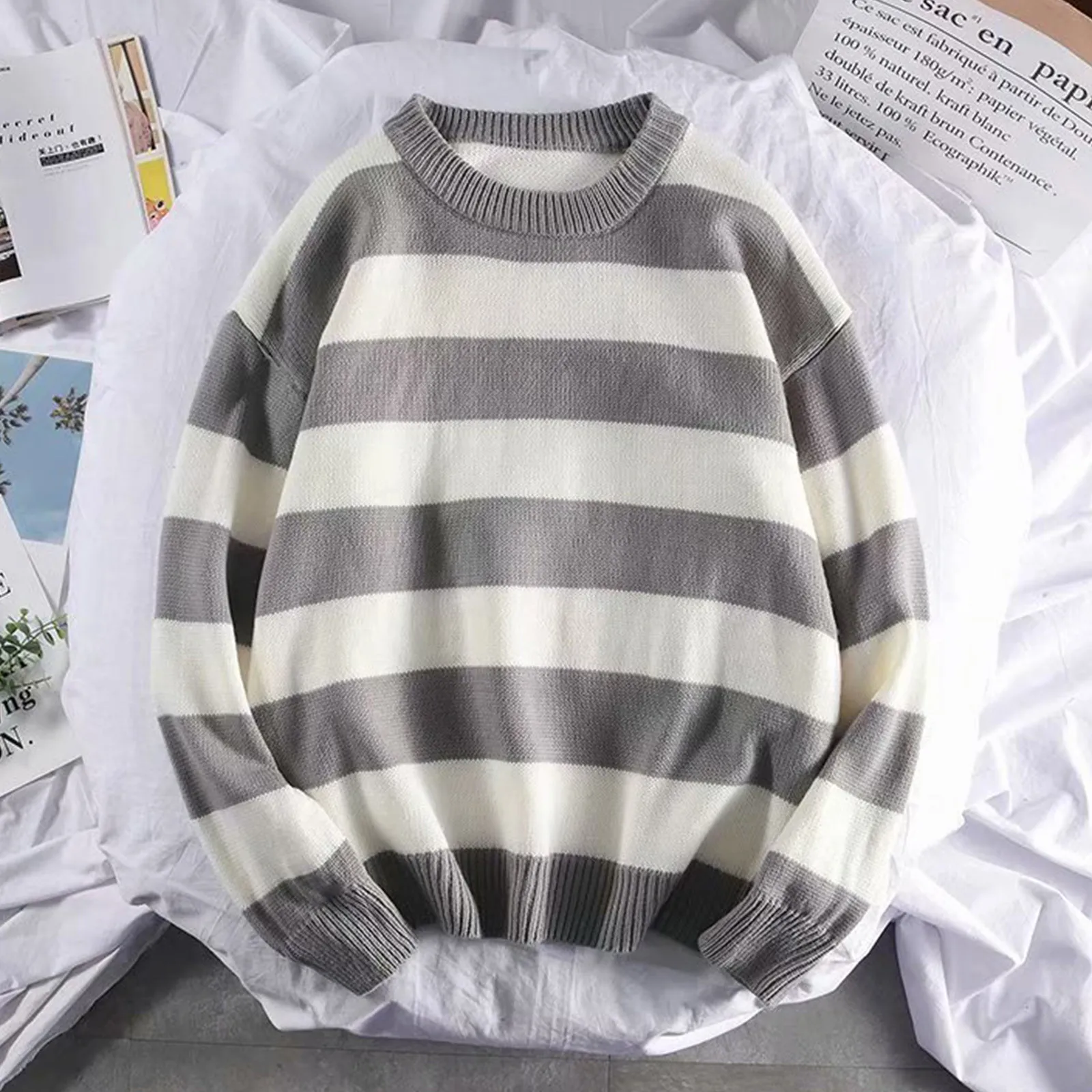 Autumn/Winter Men's Pullover Round Neck Loose Striped Contrast Letter Warm and Thick Casual Fashion Elegant Commuting Knitwear