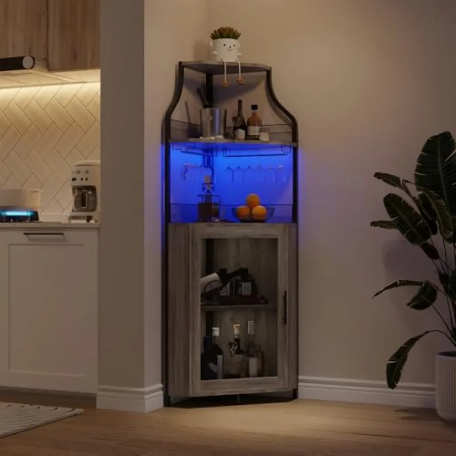 Modern 5-Tier Corner Bar Cabinet with LED Lights for dining room gray metal and wood adjustable shelves, removable glass holder