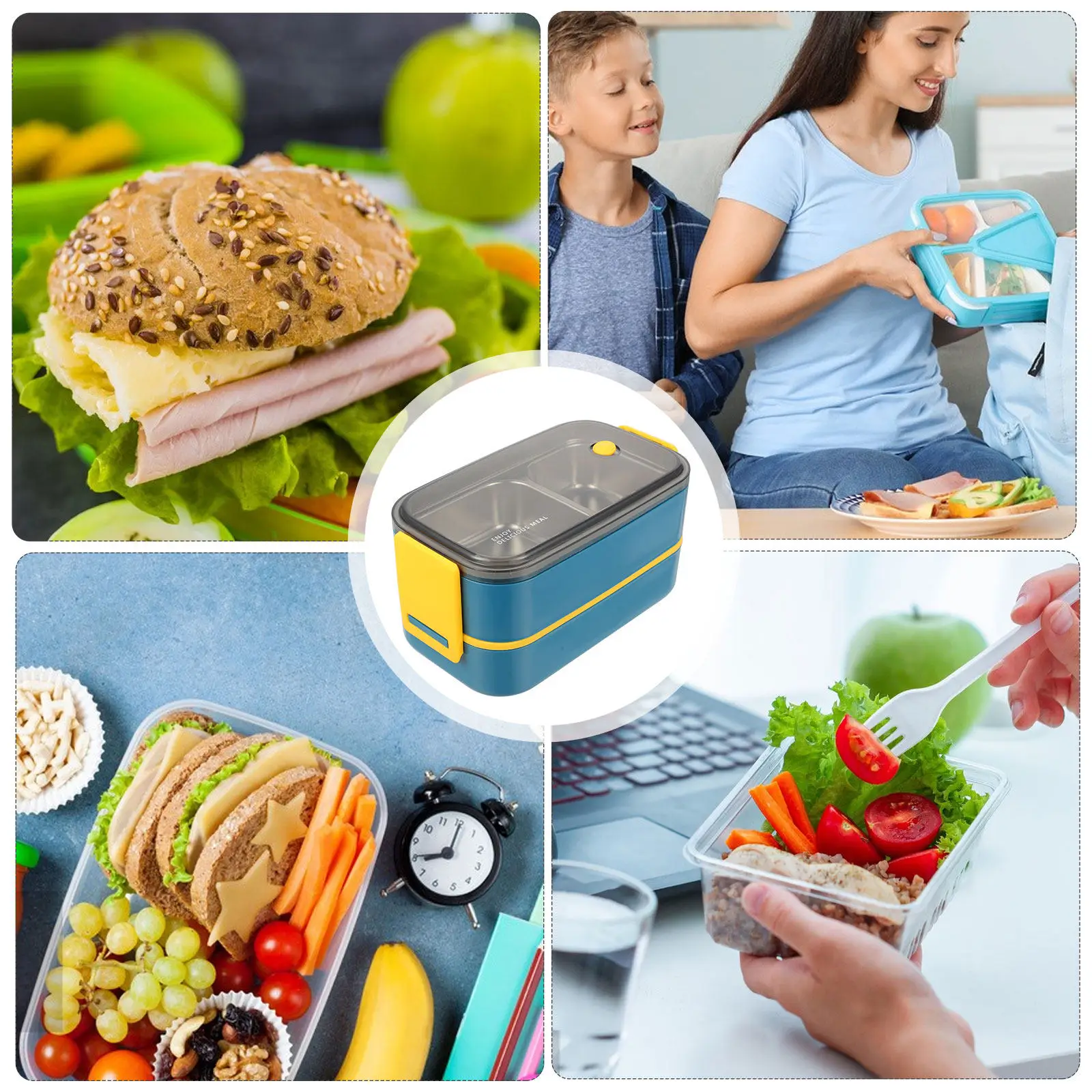 Stainless Steel Bento Lunch Box Double Layer Food Container with Handle for School Office Picnic