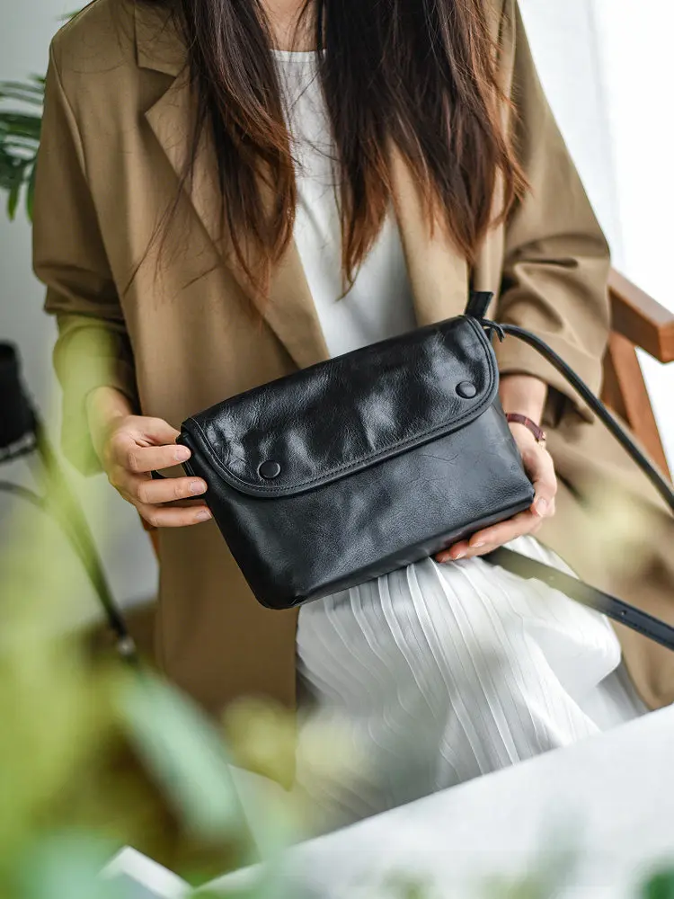 casual vintage vegetable tanned cowhide women's shoulder bag outdoor daily travel handmade genuine leather crossbody bag