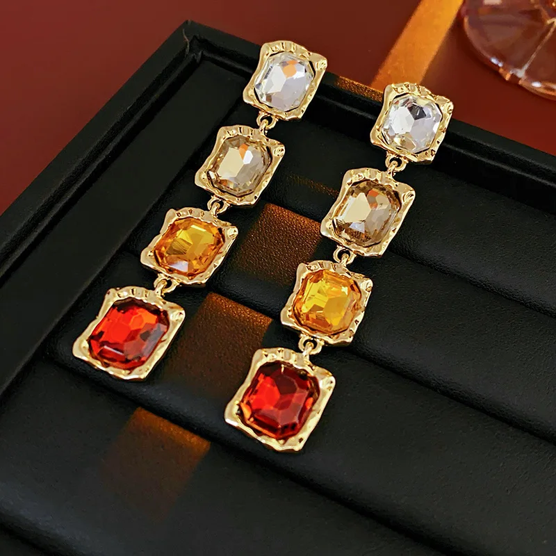 DREJEW Strass Bunte Quadratische Geometrische Baumeln Ohrringe für Frauen Vintage Licht Luxus Ohrring Silber Nadel Schmuck Geschenke
