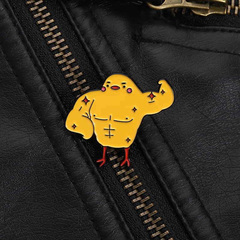 Buff Chicken Cartoon Pin Cute Chick with Exaggerated Muscles Design Funny Animal Contrast Brooch for Humor Lovers Bag Decoration