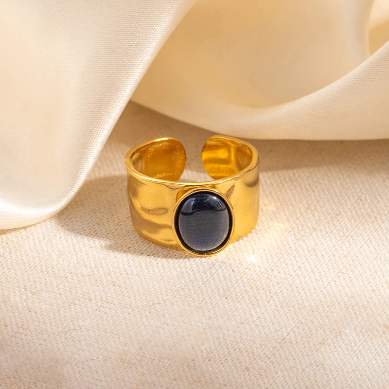 ENSHIR 316L Stainless Steel Colorful Stone Wide Face Wrinkle Open Ring for Women Men Elegant Noble Cool Jewelry Gifts Wholesale