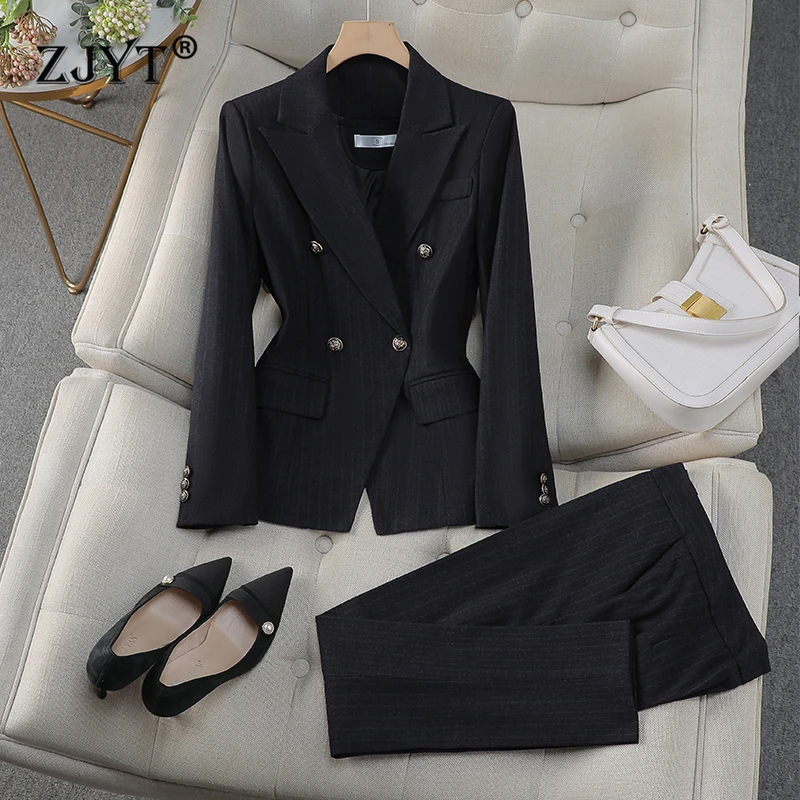 

ZJYT Elegant Lady Office Blazer Suit Pant Sets for Women 2 Pieces Autumn Outfit Long Sleeve Double Breasted Jacket Trousers Set