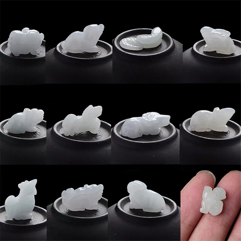 Twelve Zodiac Jade Pendants: Rat, Ox, Tiger, Rabbit,, Snake, Horse, Sheep, Monkey, Chicken, Dog, Pig, Loose Beads
