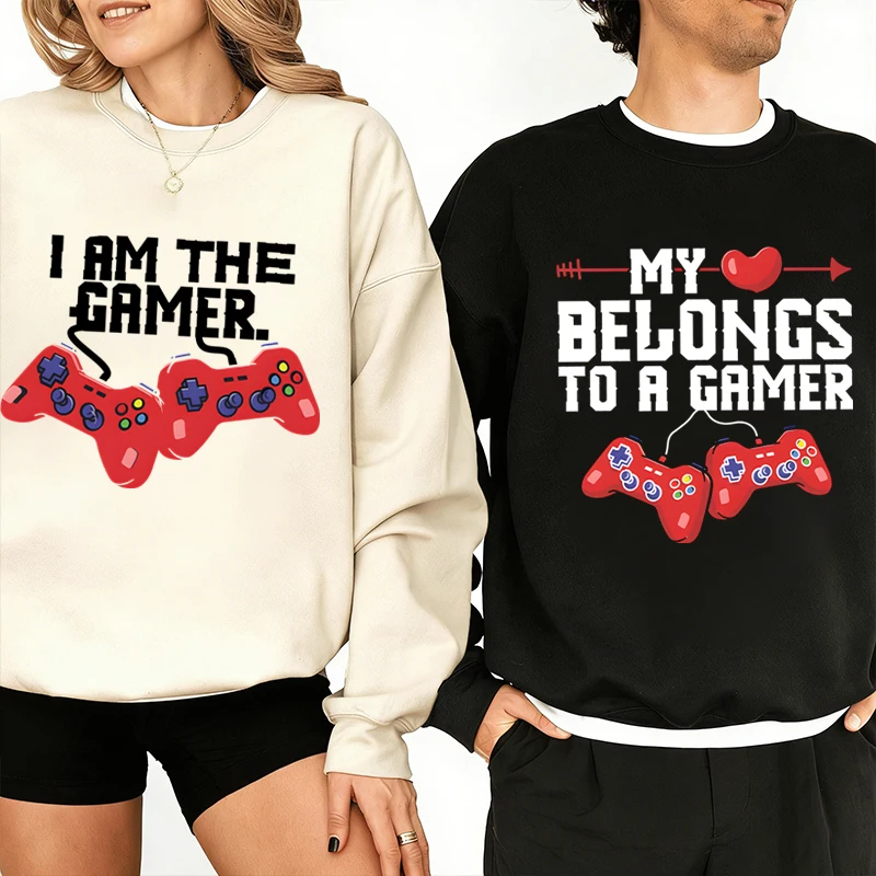 

"I Am The Gamer/My Belongs To A Gamer" Sweatshirt, Long Sleeve Women Men Crewneck Vintage Pullover, Fun Husband Wife Couple Tops