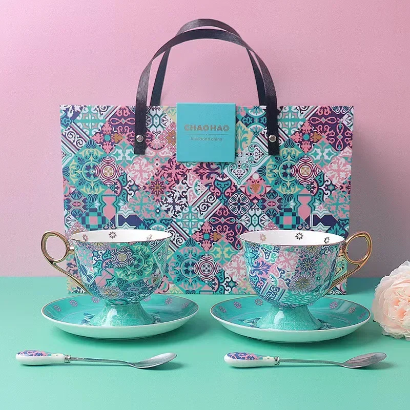 2Pcs Nordic Moroccan Coffee Cup and Saucer Set with Gift Box Luxury British Bone China Ceramic Afternoon Tea Cup New Year Gift