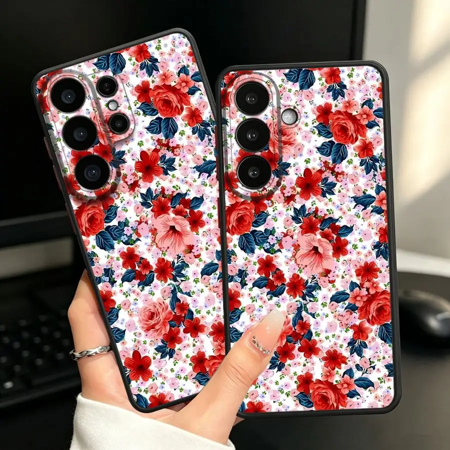 Red Floral Pattern Funda Back Phone Cover Case for Samsung Galaxy S26 S23 FE S25 Ultra S21 S24 Plus Note 20 Ultra 10+ S20 FE S22