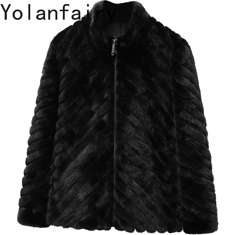 

YOLANFAIRY брендовые куртки из норкового меха для мужчин, осенне-зимняя короткая шуба с воротником-стойкой, мужская меховая куртка на молнии, пальто