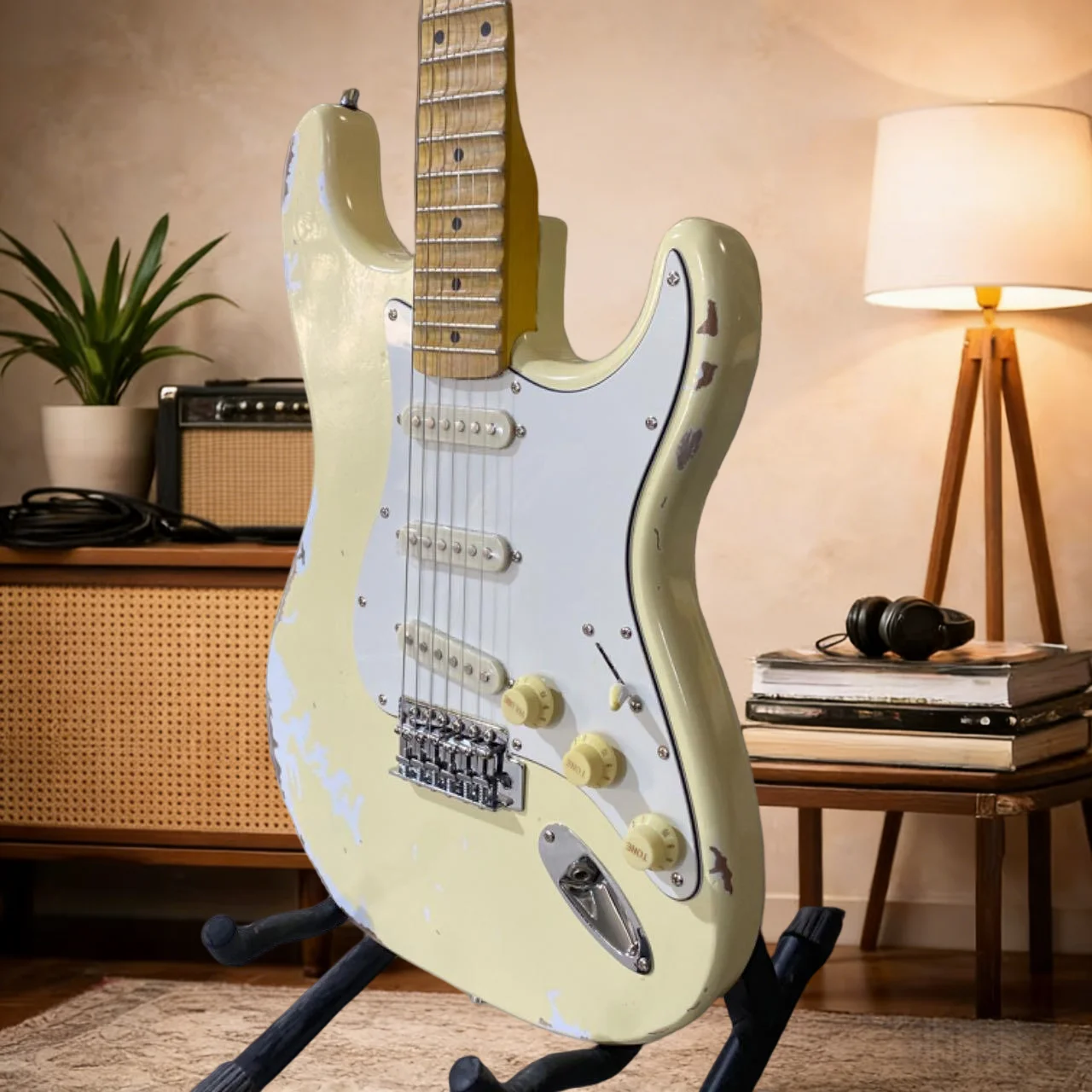 

Электрогитара Make Old Milk Yellow STS с кленовым грифом, фингербордом с выемками и большой головкой, для выступлений на Хэллоуин, бесплатная доставка