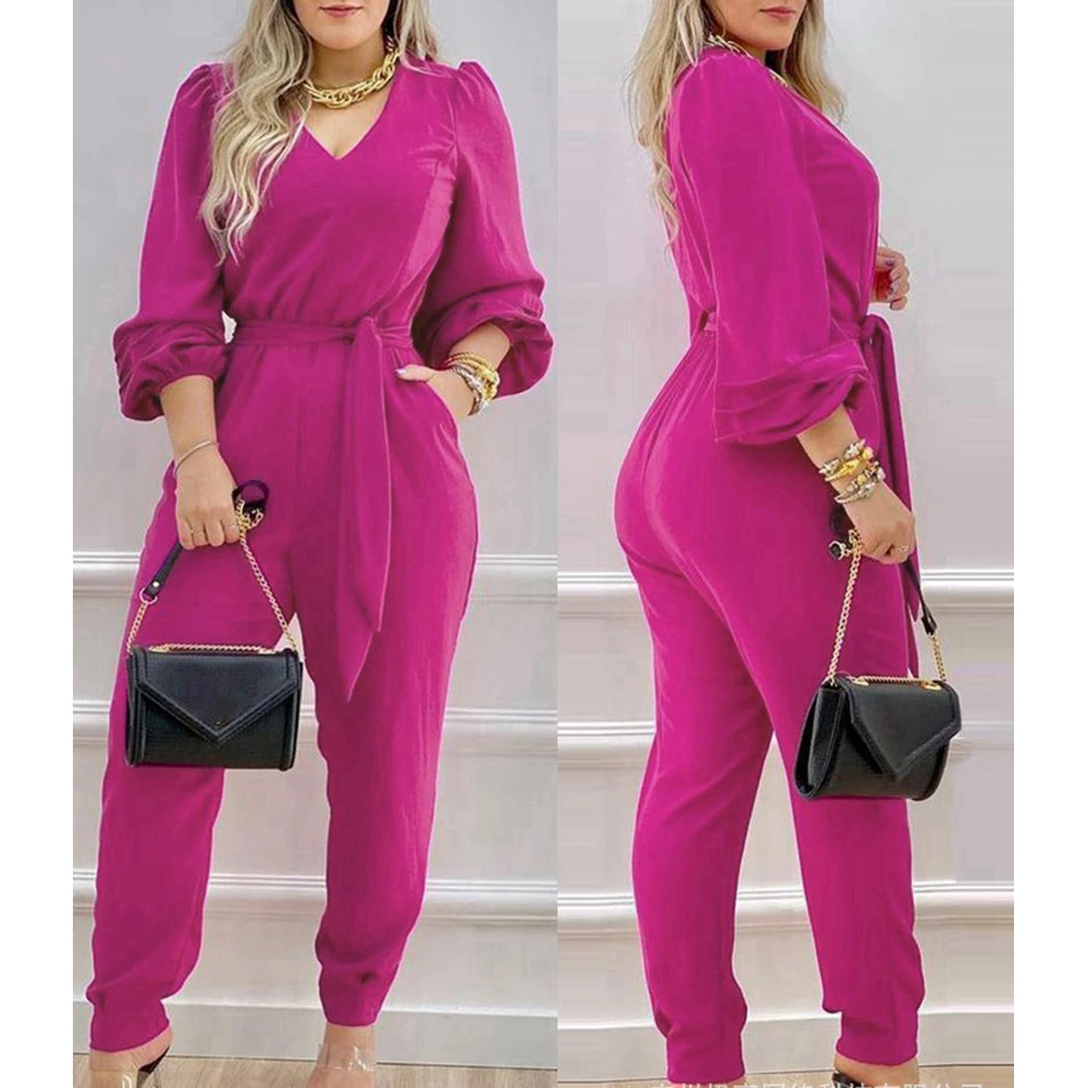 Women Trendy Tied Detail Long Sleeve Jumpsuit Femme V Neck Puff Sleeve Jumpsuits Office Lady Outfits One Piece Overalls