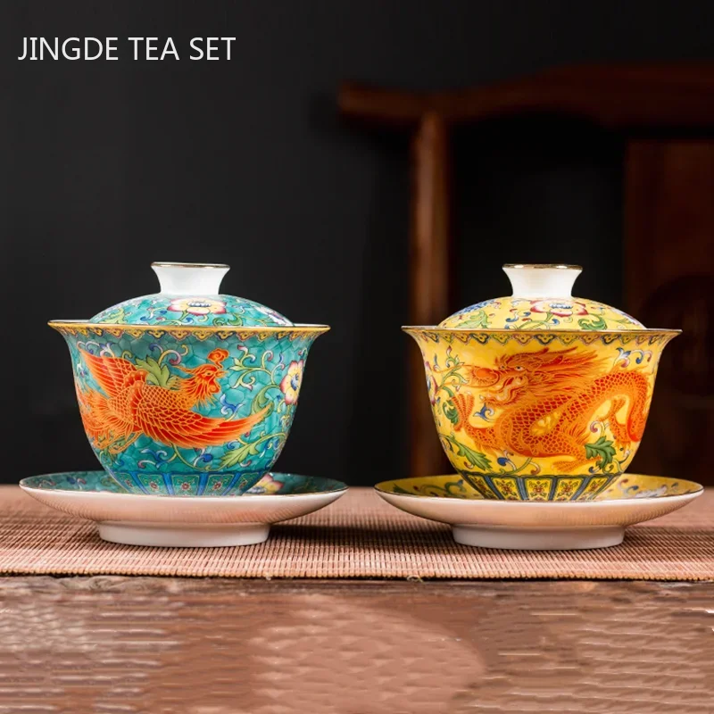 Ceramics Sancai Gaiwan Bowl Dragon and Phoenix Master Cup Tea Cup Handmade Enamel Color Tea Bowl High-end Respect Tea Set