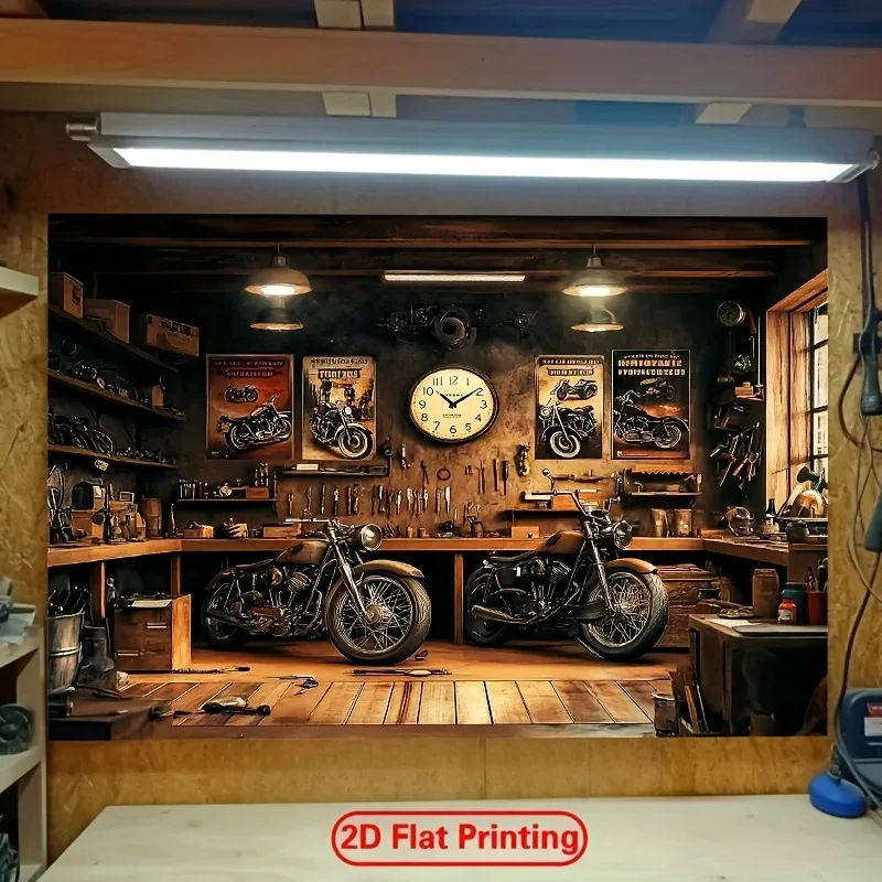 1 Stück, 2D flach, Retro-Motorrad-Garagen-Thema – Fotohintergrund aus Polyesterfaser, wsj