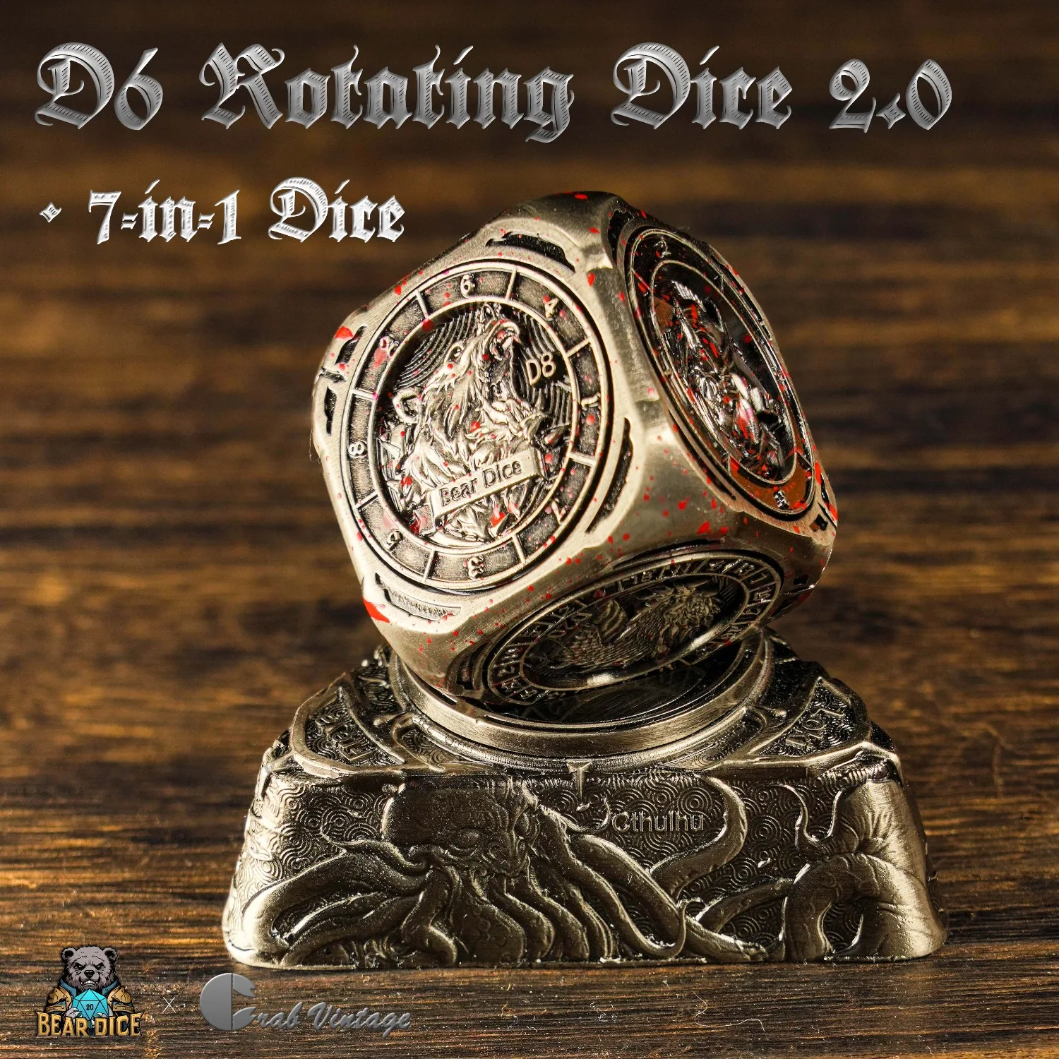 Bear DiceEDC D6 Rotating Dice2.0 7-in-1 Six-Sided Rotating Metal Dice Fidget Spinner Desktop Stress Relief Toy
