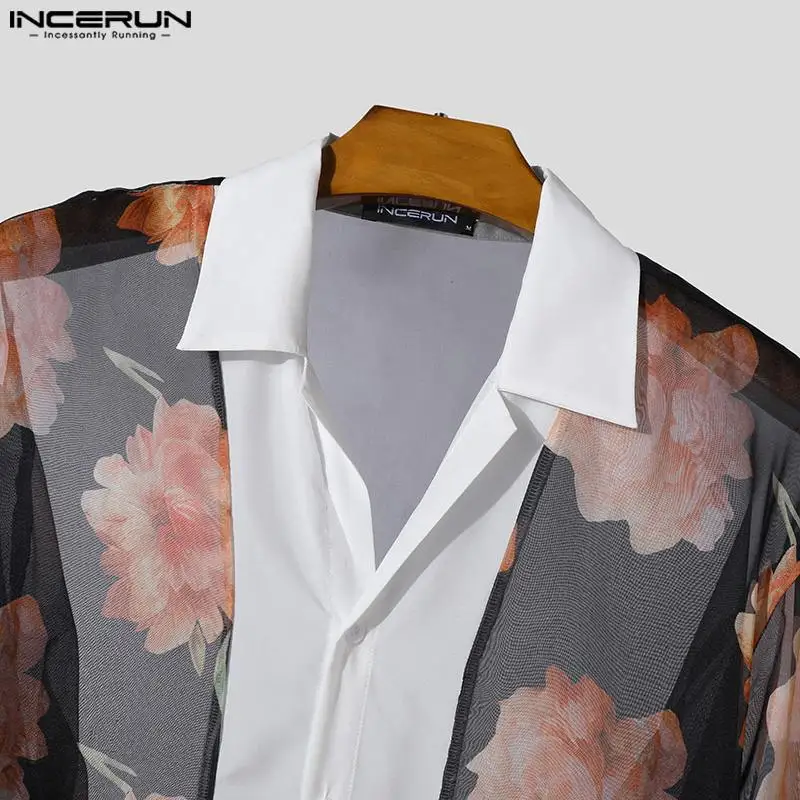 2024 Men Shirt Printing Patchwork Lapel Long Sleeve Streetwear Men Clothing Transparent Loose Fashion Male Shirts S-5XL INCERUN