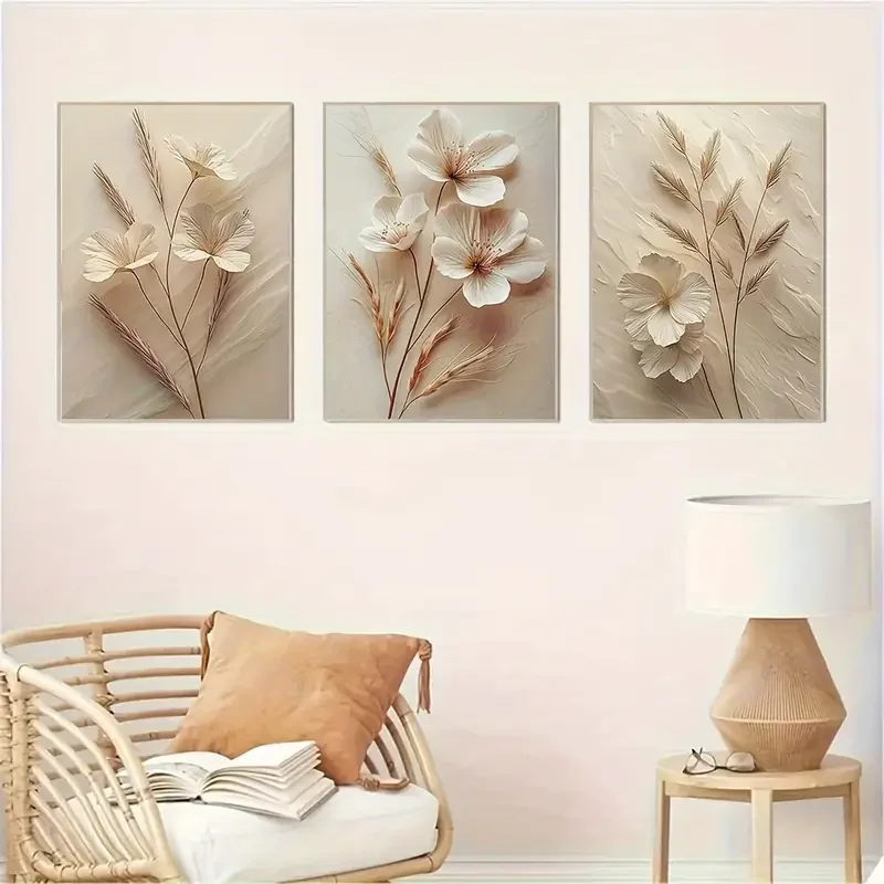 3-Piece Set of Modern Beige Plant Canvas Wall Art Prints, Frameless Poster for Living Room Decor, Indoor Portrait Orientation, O