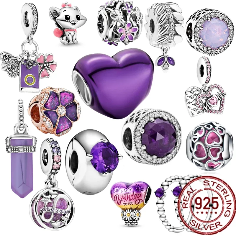 

Bead Fit Pandora Original Bracelet Purple Series 925 Sterling Silver Jewelry Flower Round Heart Charm Pendant Women Gift DIY