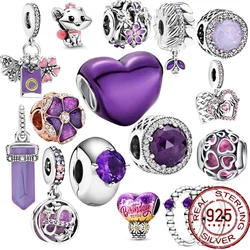 Perle en argent regardé 925 pour femme, bracelet Pandora original, série violette, bijoux, fleur, rond, coeur, pendentif à breloque, cadeau de bricolage