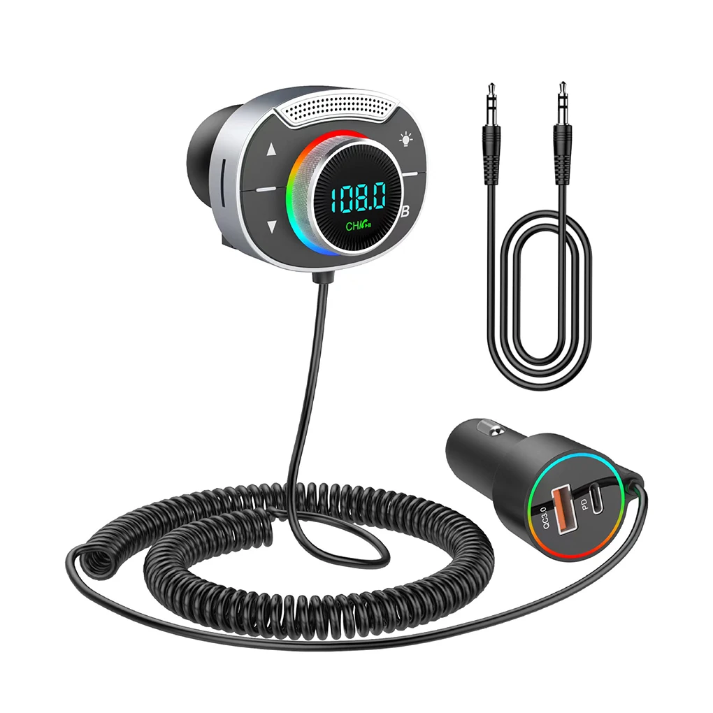 

Car Bluetooth 5.3 FM Transmitter QC3.0 & PD30W Car Charging Colorful-Breath Light Car Transmitter AUX Car