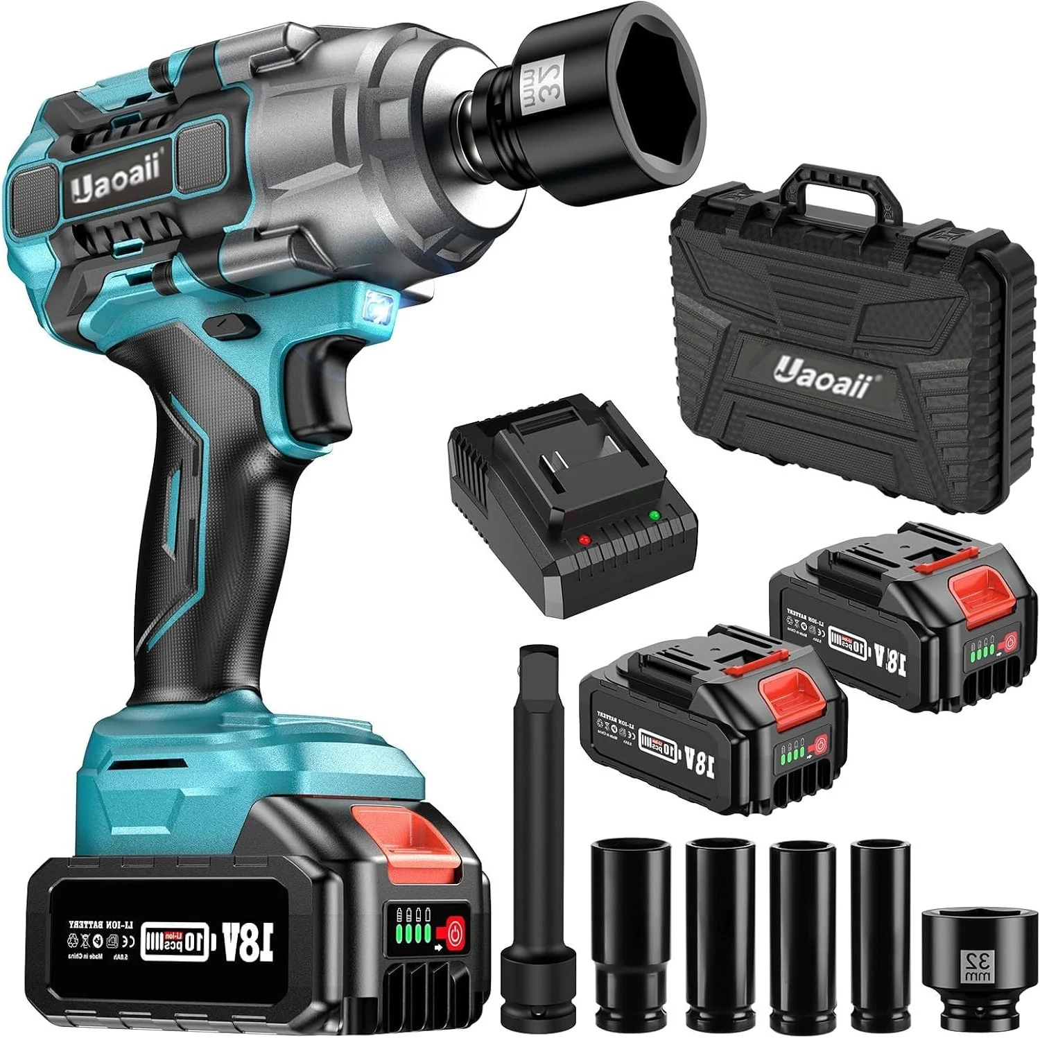 Uaoaii clé à chocs sans fil sans brosse 1300N.m 1/2 clé électrique Compatible avec la clé dynamométrique de réparation de camion de batterie 5.0Ah